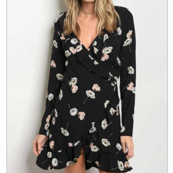 Dresses & Skirts - Black Floral Print Ruffle Detail Wrap Dress